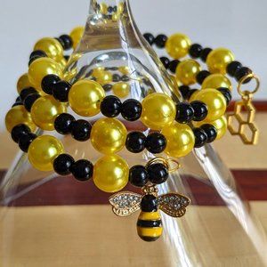 Handmade "Bee Fun" Black and yellow beaded memory wire bracelet
